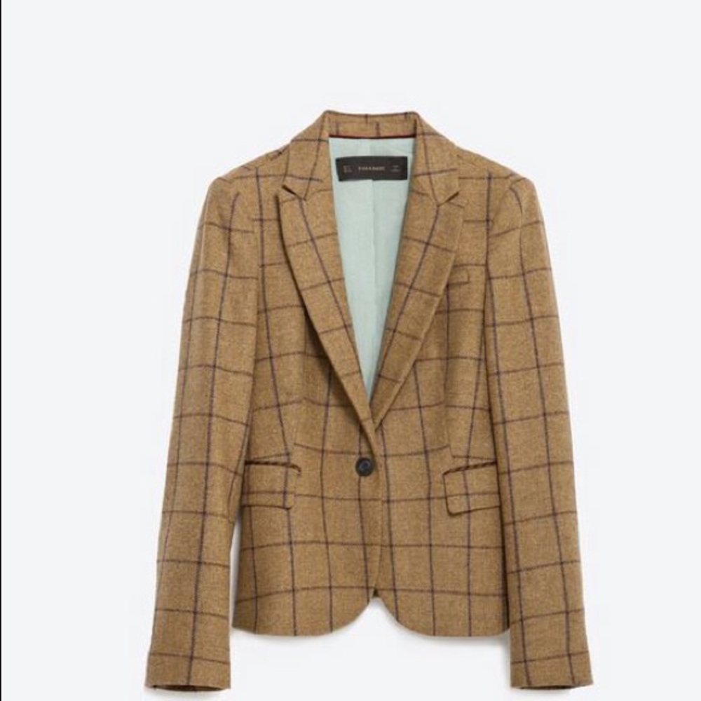 Zara wool plaid elbow patched blazer sz S